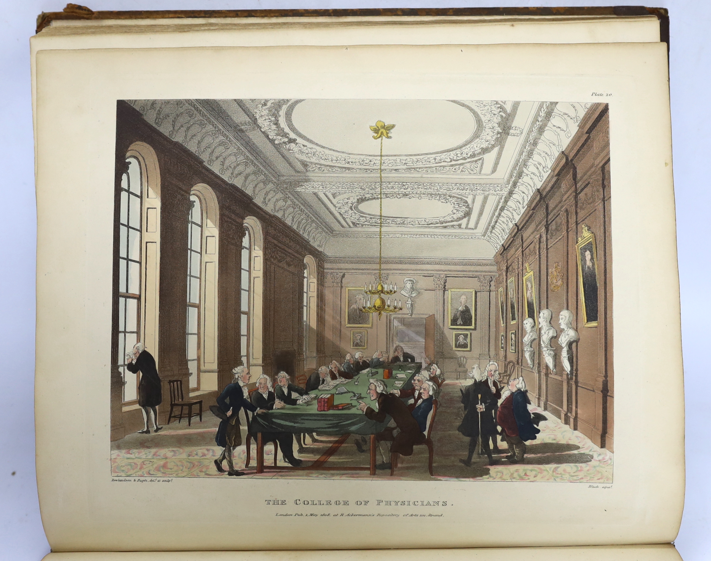 Ackermann (Rudolph, publisher) - The Microcosm of London, 3 vols, 1st edition, folio, calf gilt, rebacked, with wood-engraved titles and engraved dedication leaves, 104 hand-coloured aquatint plates after Rowlandson and